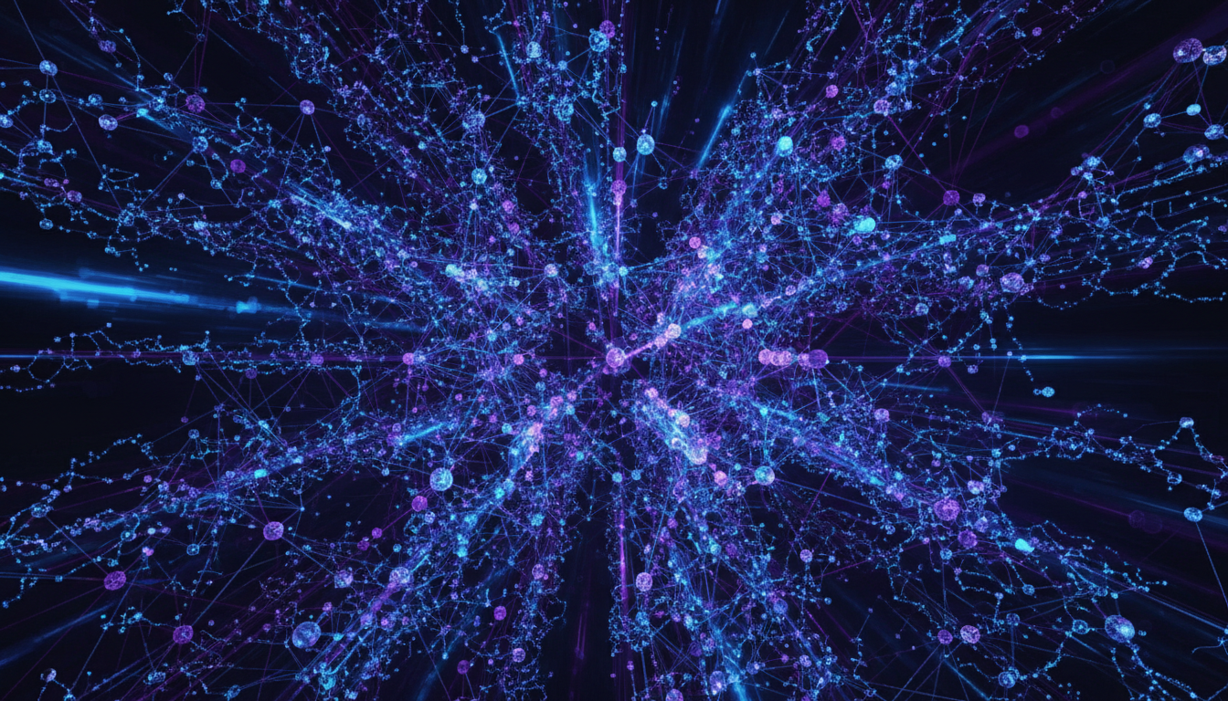 Abstract visualization of exponential AI agent spawning showing chaotic interconnected nodes